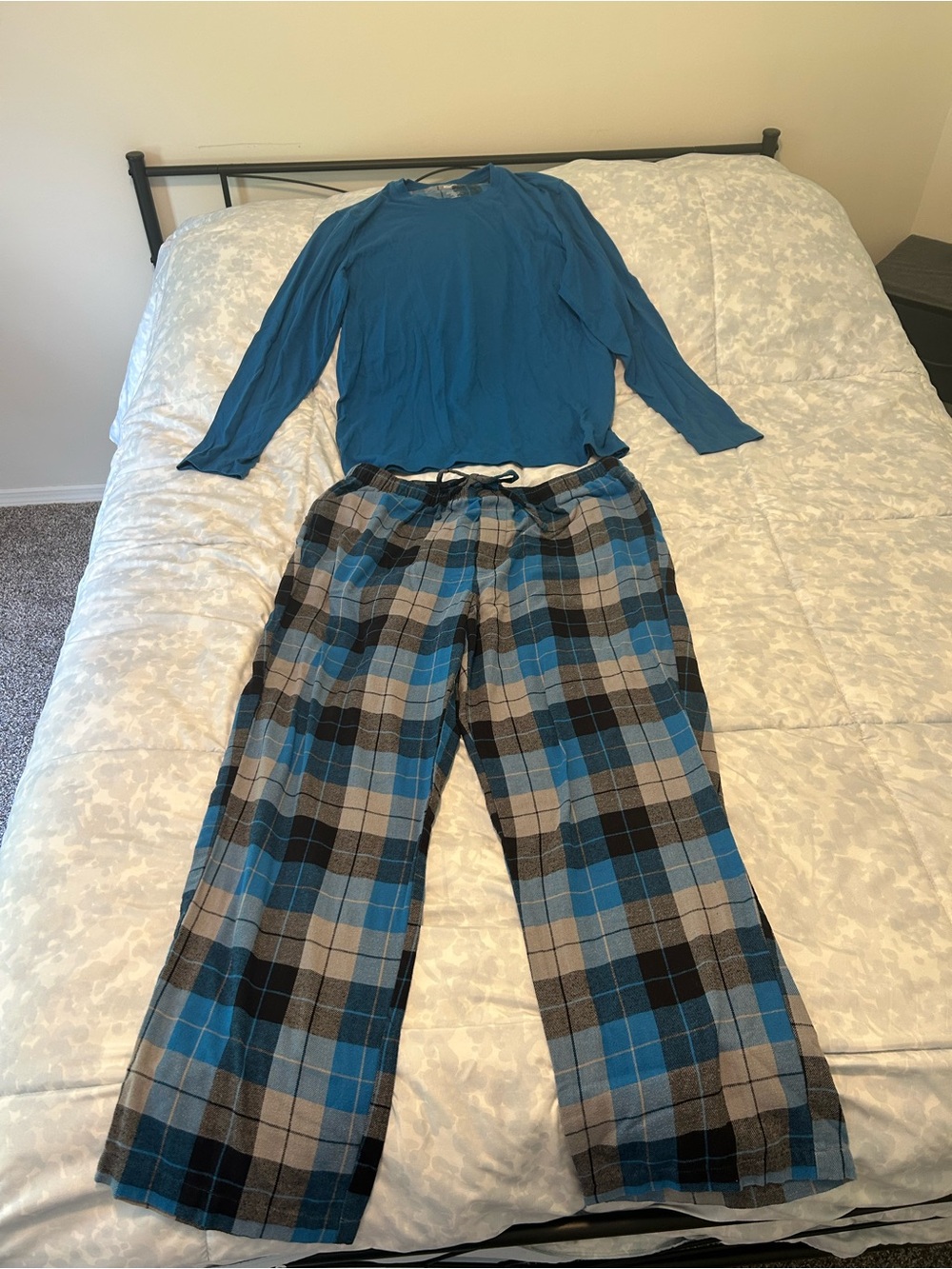 Sonoma Blue Long-Sleeve Top with Blue & Gray Plaid Pajama Pants